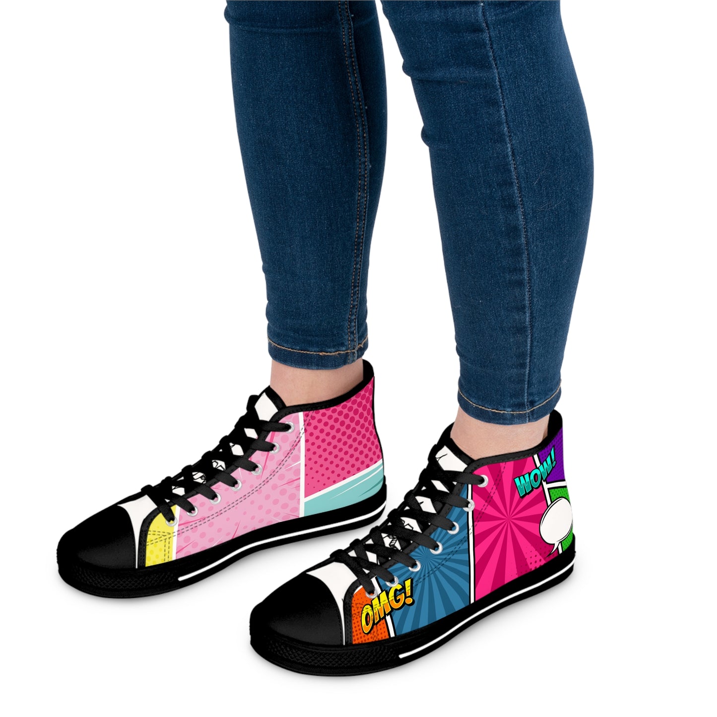 Women’s Pop Art High-Top Sneakers — Colorful Comic Graphic Print