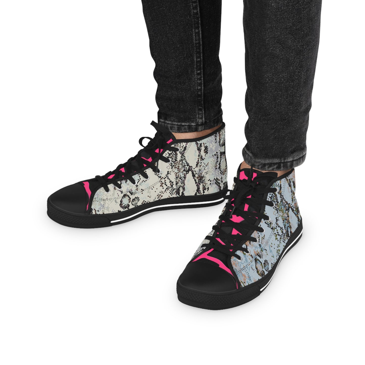 Men's Snake Print High Top Sneakers — Men's Fashion Sneakers with Blue & Pink Accents