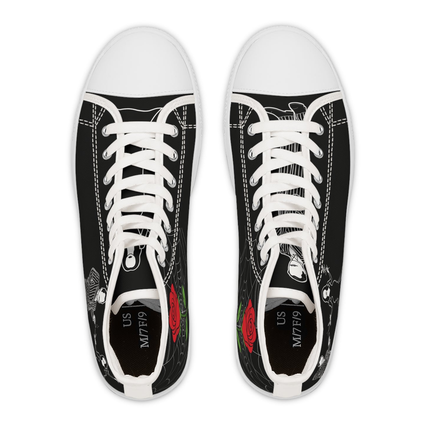 Morticia & Gomez True Love Rose High Top Sneakers — Women's Black Skull & Rose Canvas Shoes