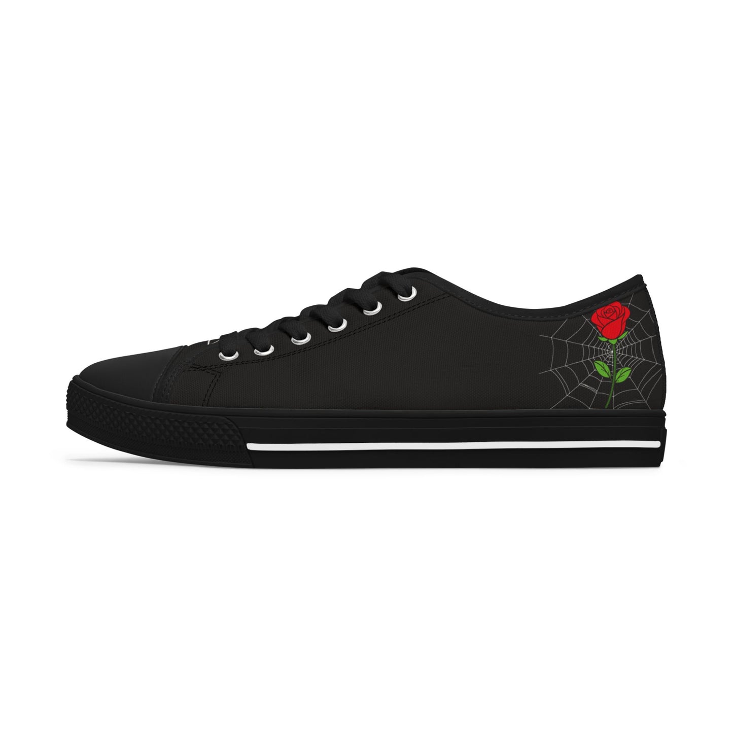Morticia & Gomez, True Love Black Women's Low Top Sneakers — Casual Canvas Tennis Shoes