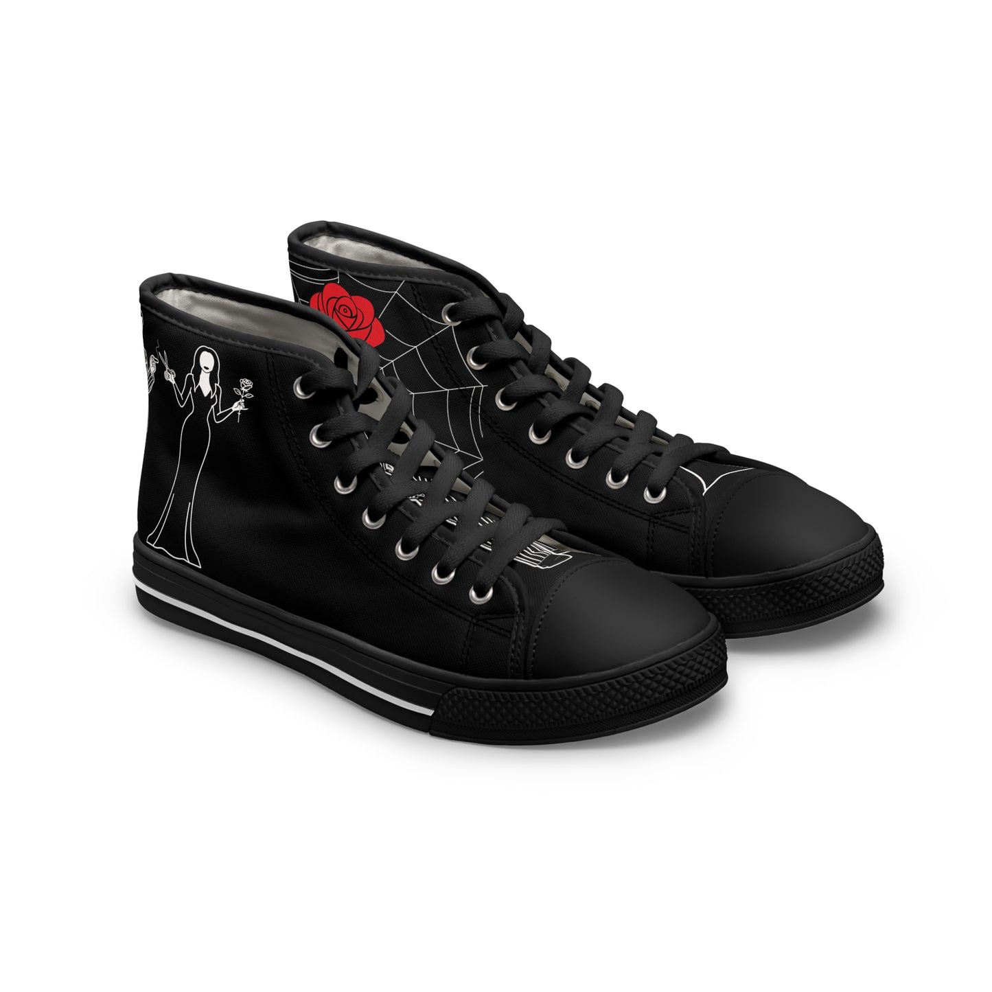 Morticia & Gomez True Love Rose High Top Sneakers — Women's Black Skull & Rose Canvas Shoes