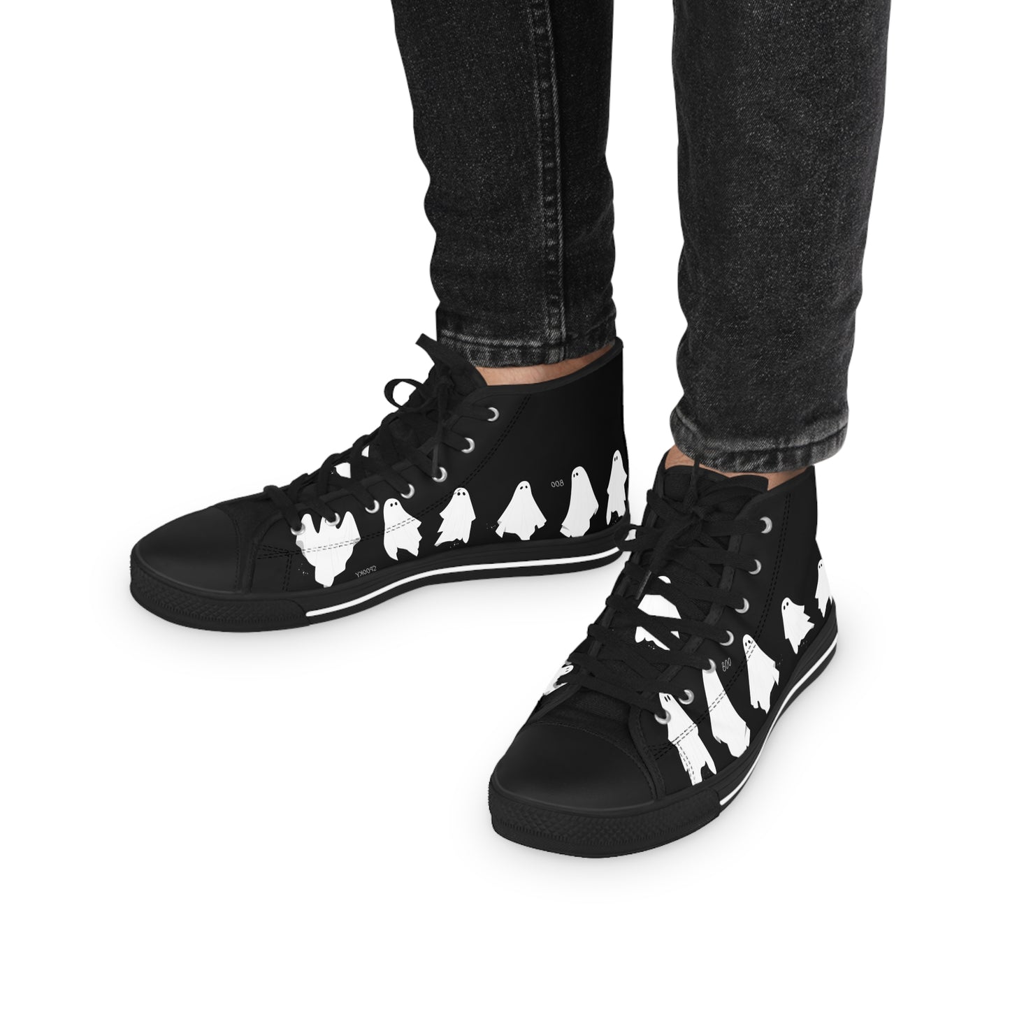 Men's Ghosty Guy High Top Sneakers — Black Silhouette Birds Design
