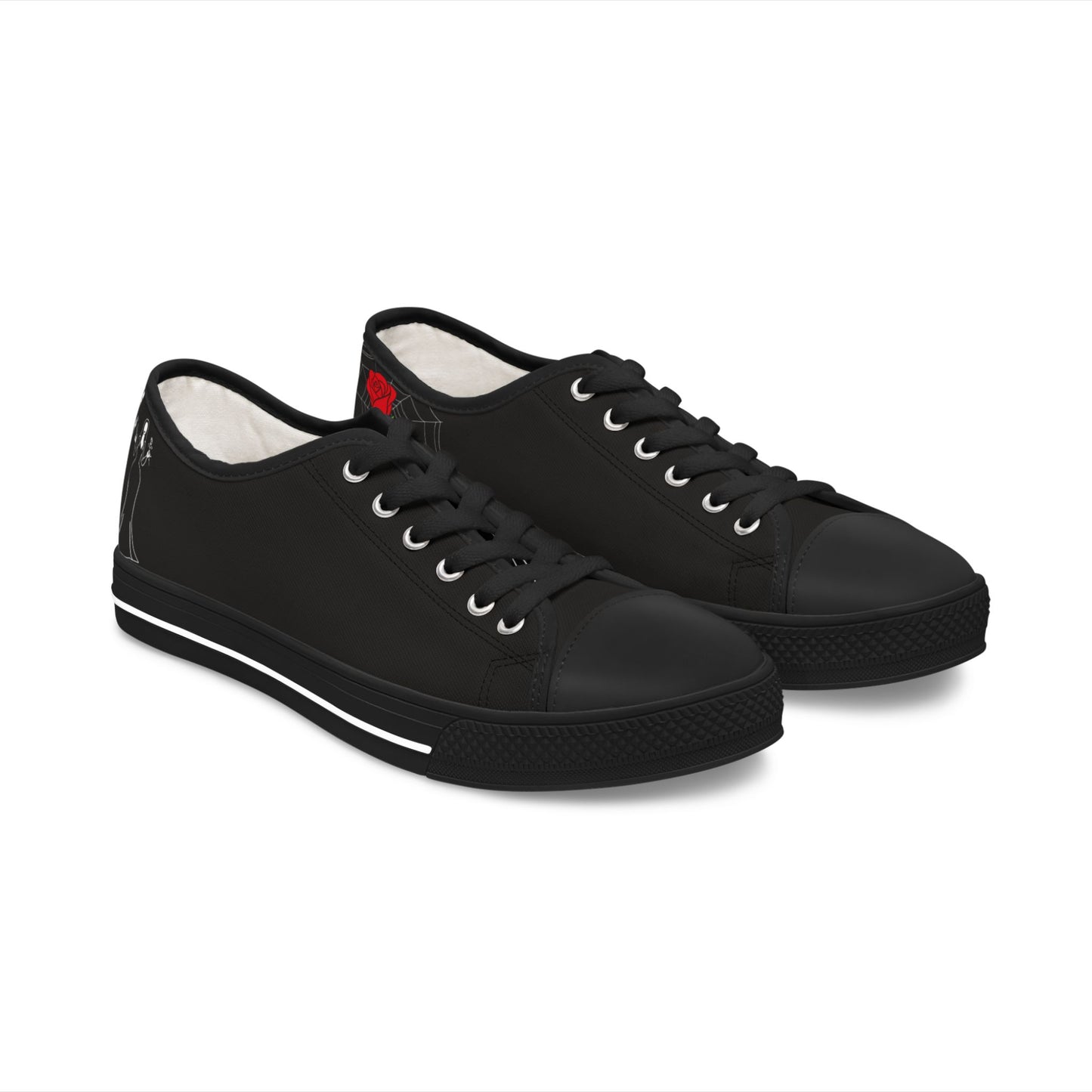 Morticia & Gomez, True Love Black Women's Low Top Sneakers — Casual Canvas Tennis Shoes