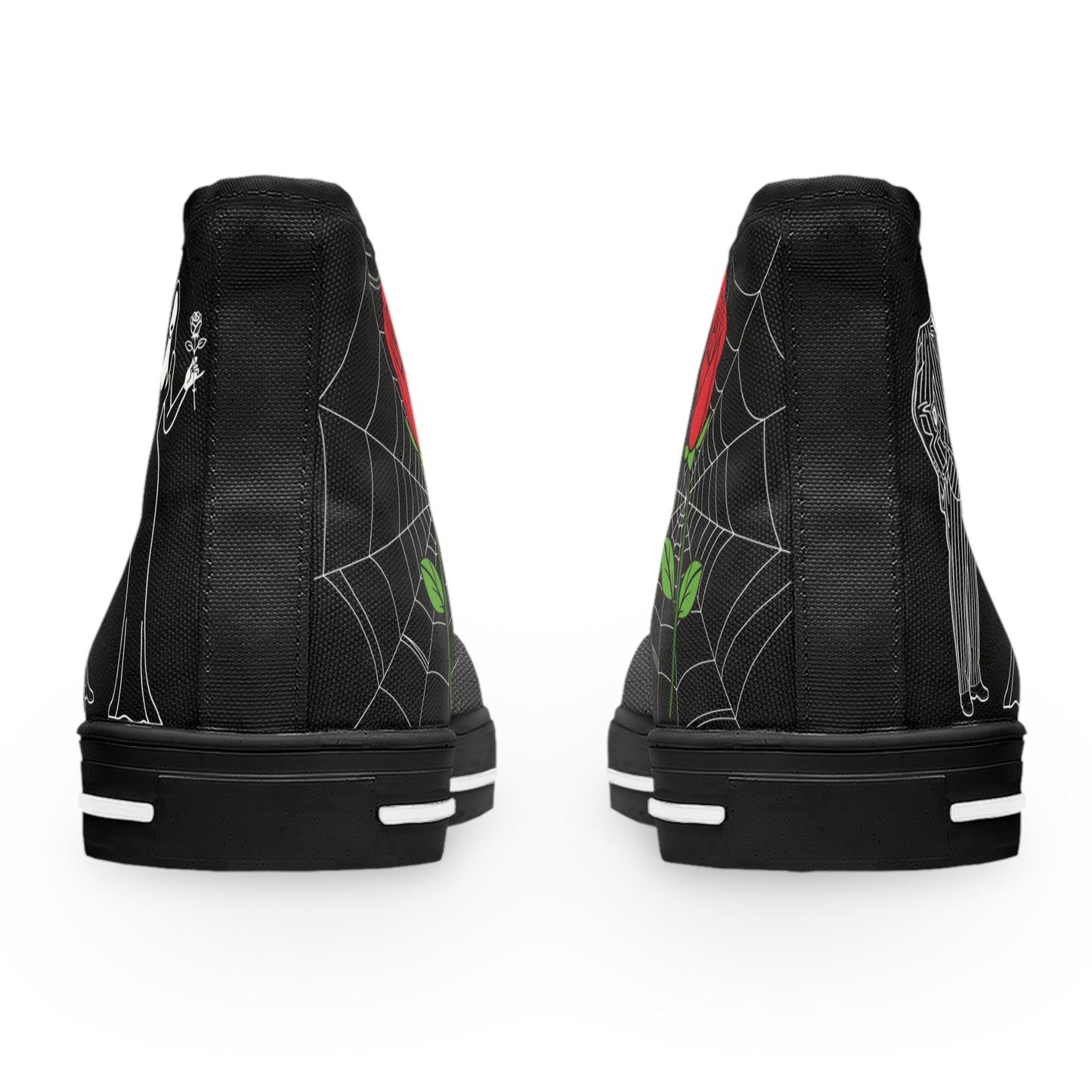 Morticia & Gomez True Love Rose High Top Sneakers — Women's Black Skull & Rose Canvas Shoes