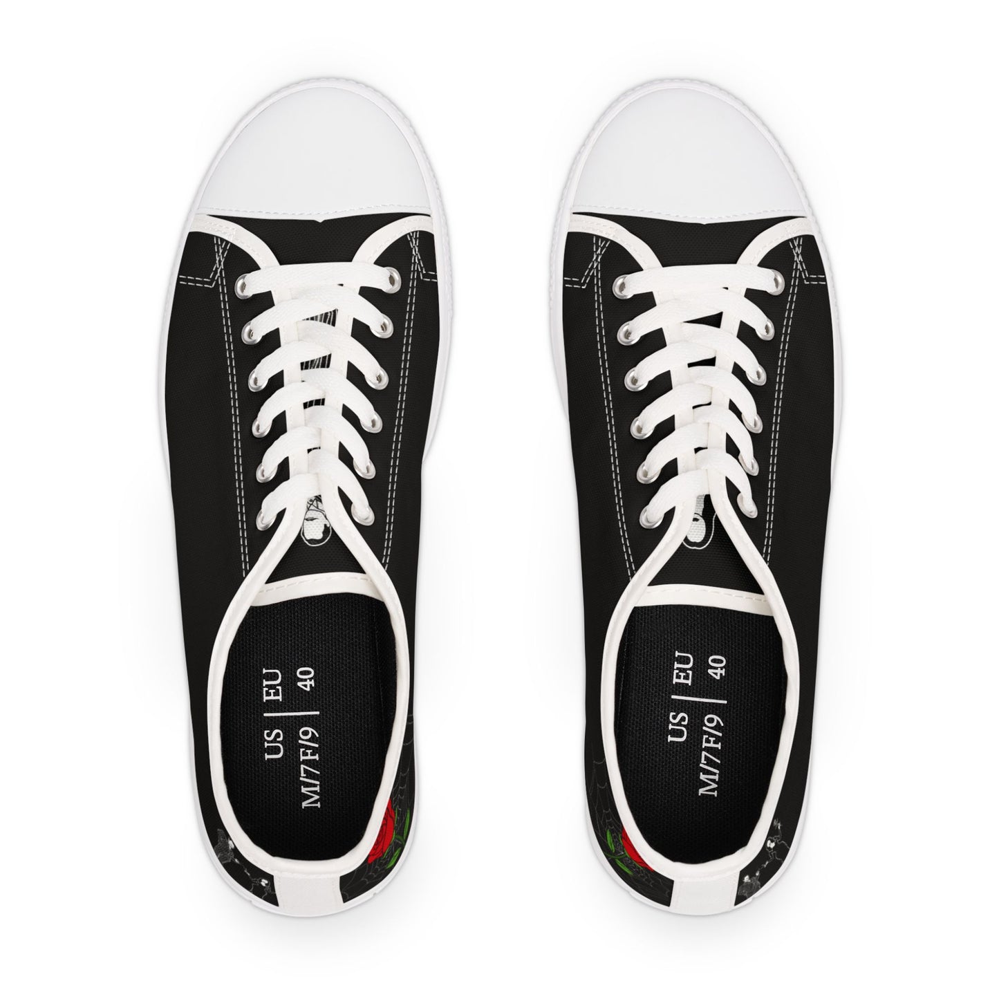 Morticia & Gomez, True Love Black Women's Low Top Sneakers — Casual Canvas Tennis Shoes