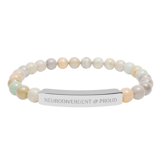 Neurodivergent & proud, Engraved Natural Stone Bead Bar Bracelet | Stretch Gemstone Bracelet
