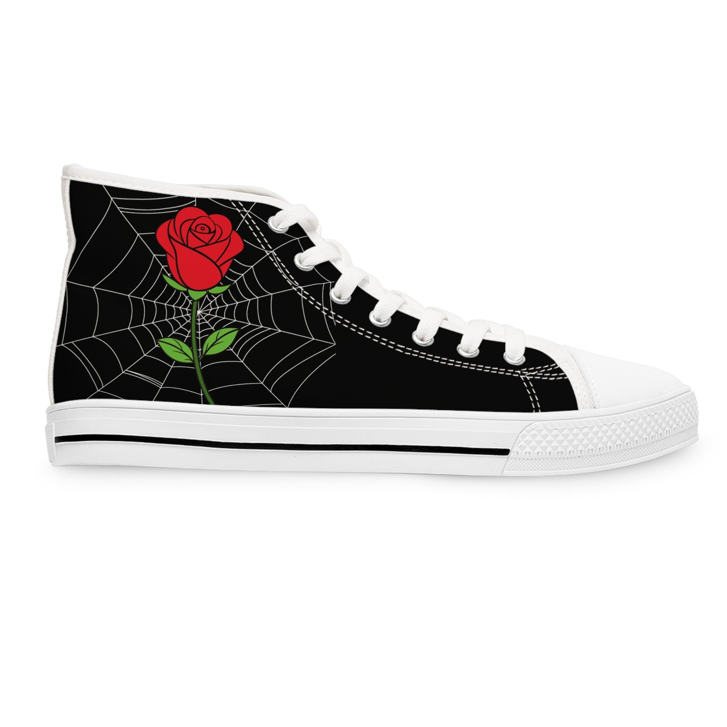 Morticia & Gomez True Love Rose High Top Sneakers — Women's Black Skull & Rose Canvas Shoes