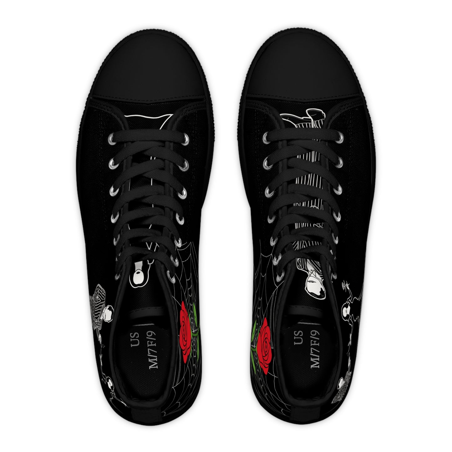 Morticia & Gomez True Love Rose High Top Sneakers — Women's Black Skull & Rose Canvas Shoes