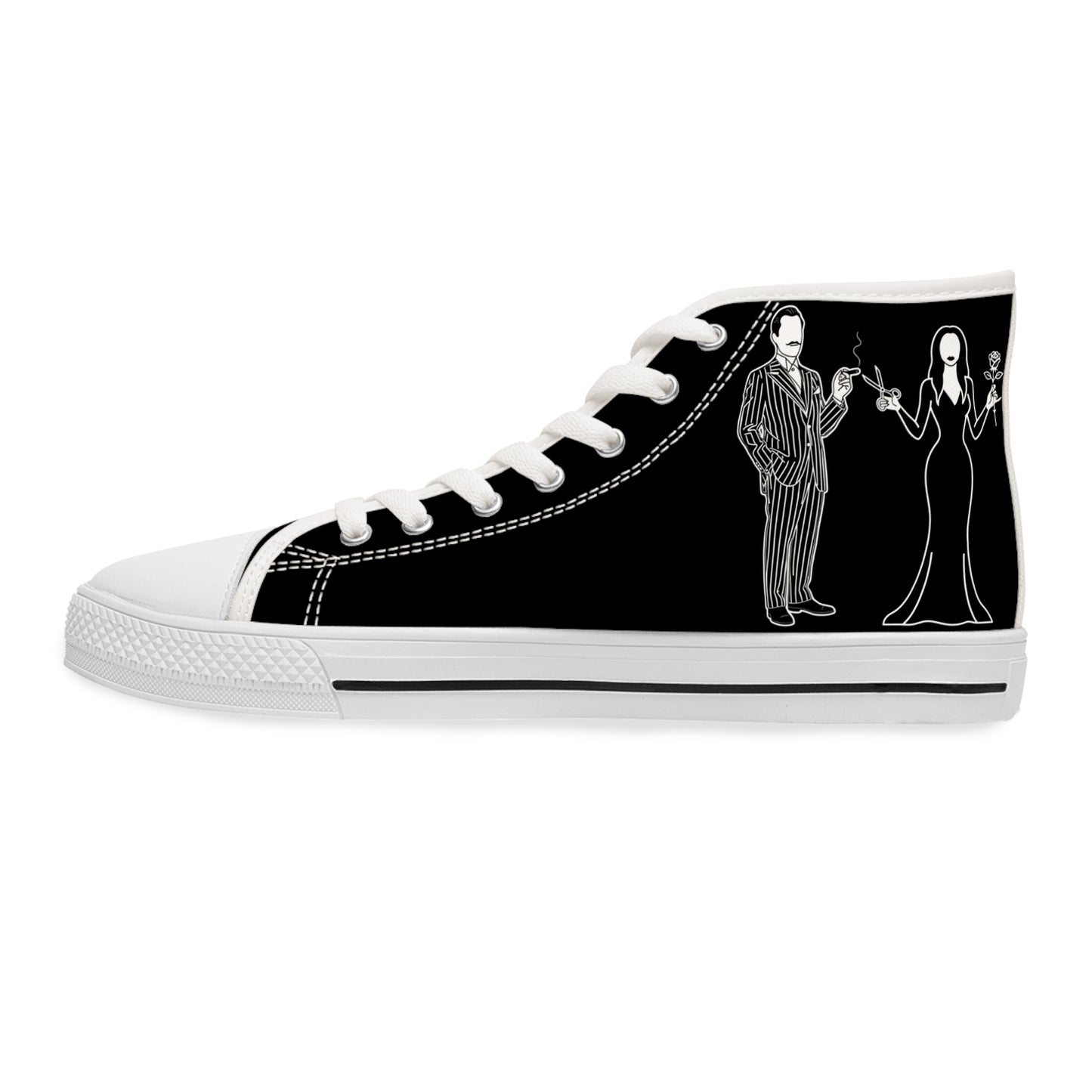 Morticia & Gomez True Love Rose High Top Sneakers — Women's Black Skull & Rose Canvas Shoes