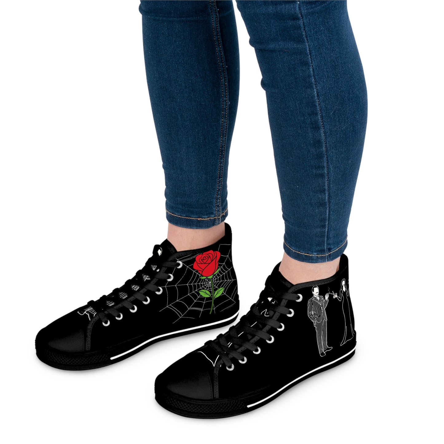 Morticia & Gomez True Love Rose High Top Sneakers — Women's Black Skull & Rose Canvas Shoes