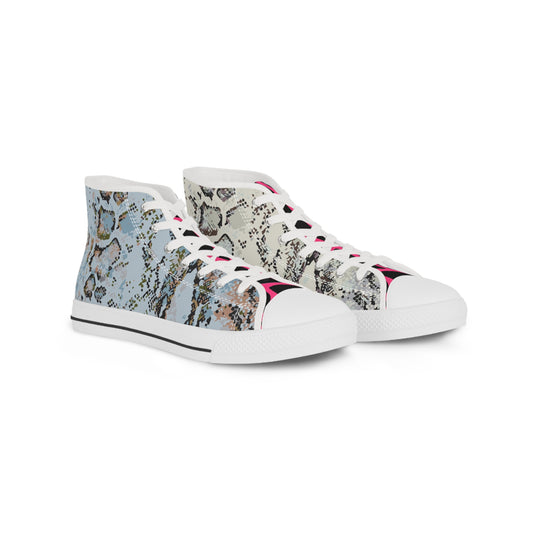 Men's Snake Print High Top Sneakers — Men's Fashion Sneakers with Blue & Pink Accents