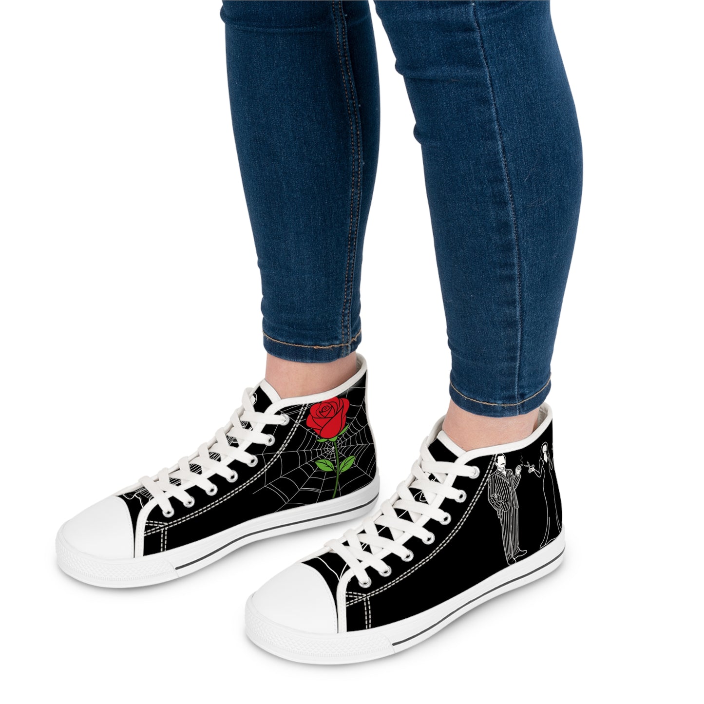 Morticia & Gomez True Love Rose High Top Sneakers — Women's Black Skull & Rose Canvas Shoes