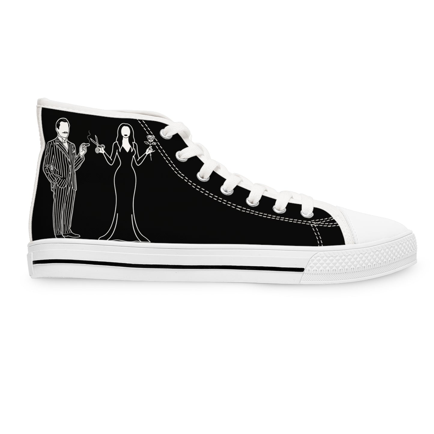 Morticia & Gomez True Love Rose High Top Sneakers — Women's Black Skull & Rose Canvas Shoes
