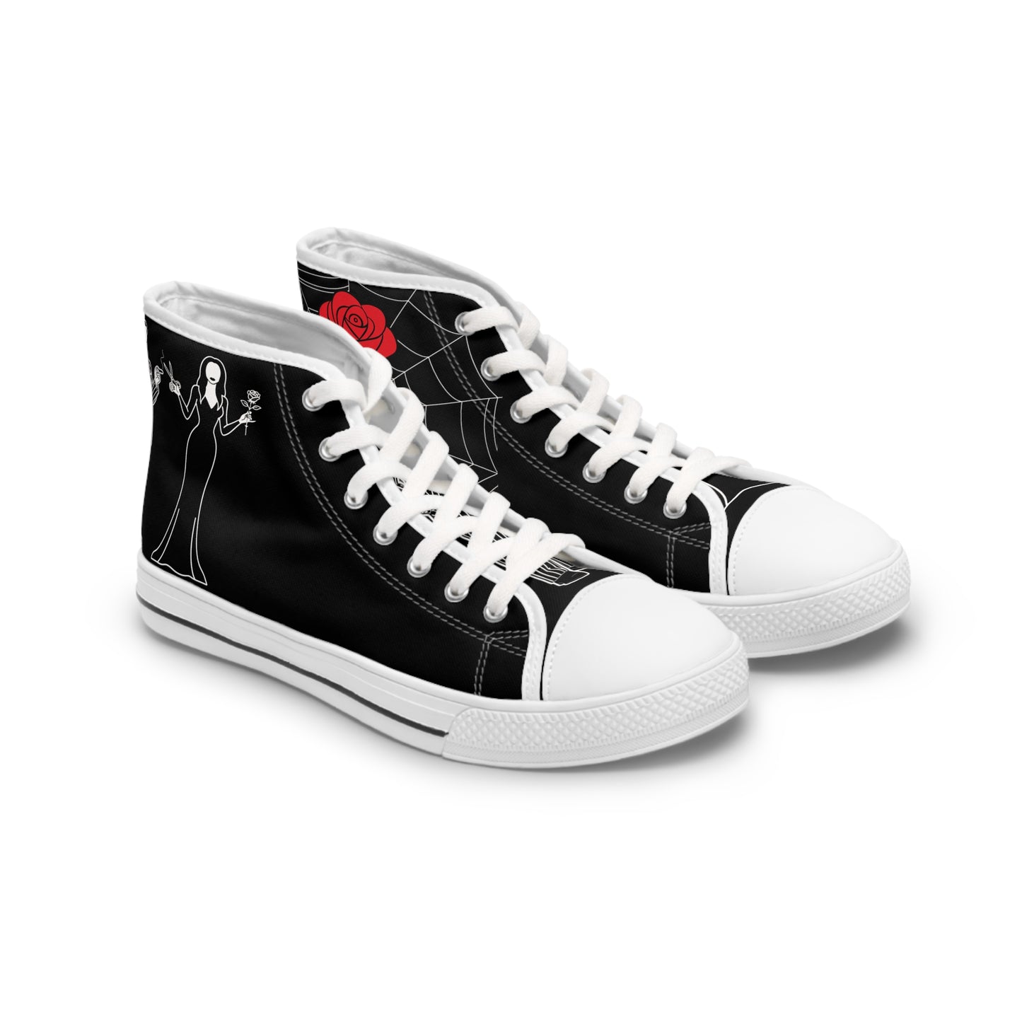 Morticia & Gomez True Love Rose High Top Sneakers — Women's Black Skull & Rose Canvas Shoes