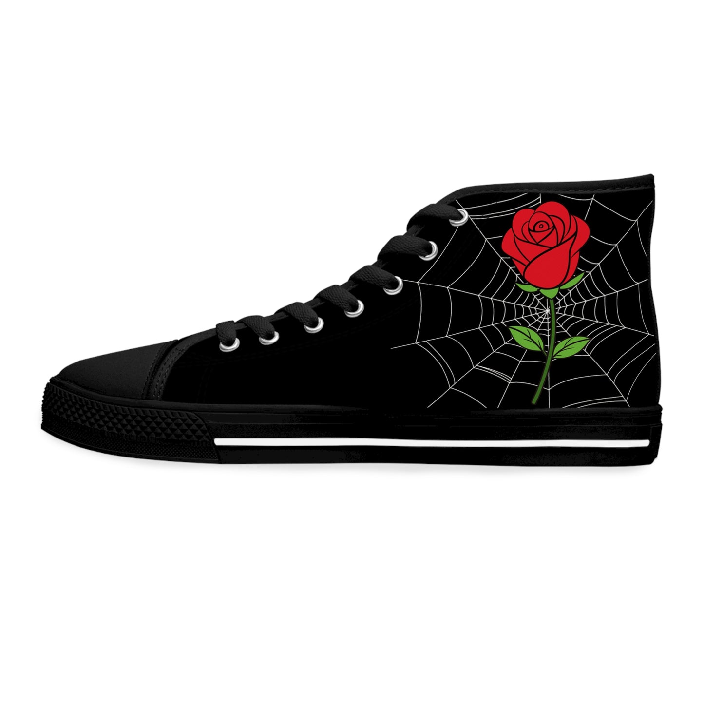 Morticia & Gomez True Love Rose High Top Sneakers — Women's Black Skull & Rose Canvas Shoes