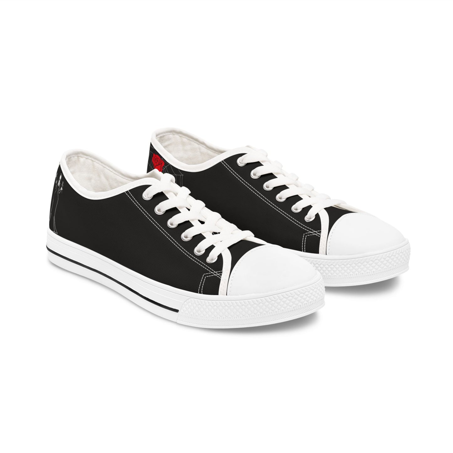 Morticia & Gomez, True Love Black Women's Low Top Sneakers — Casual Canvas Tennis Shoes