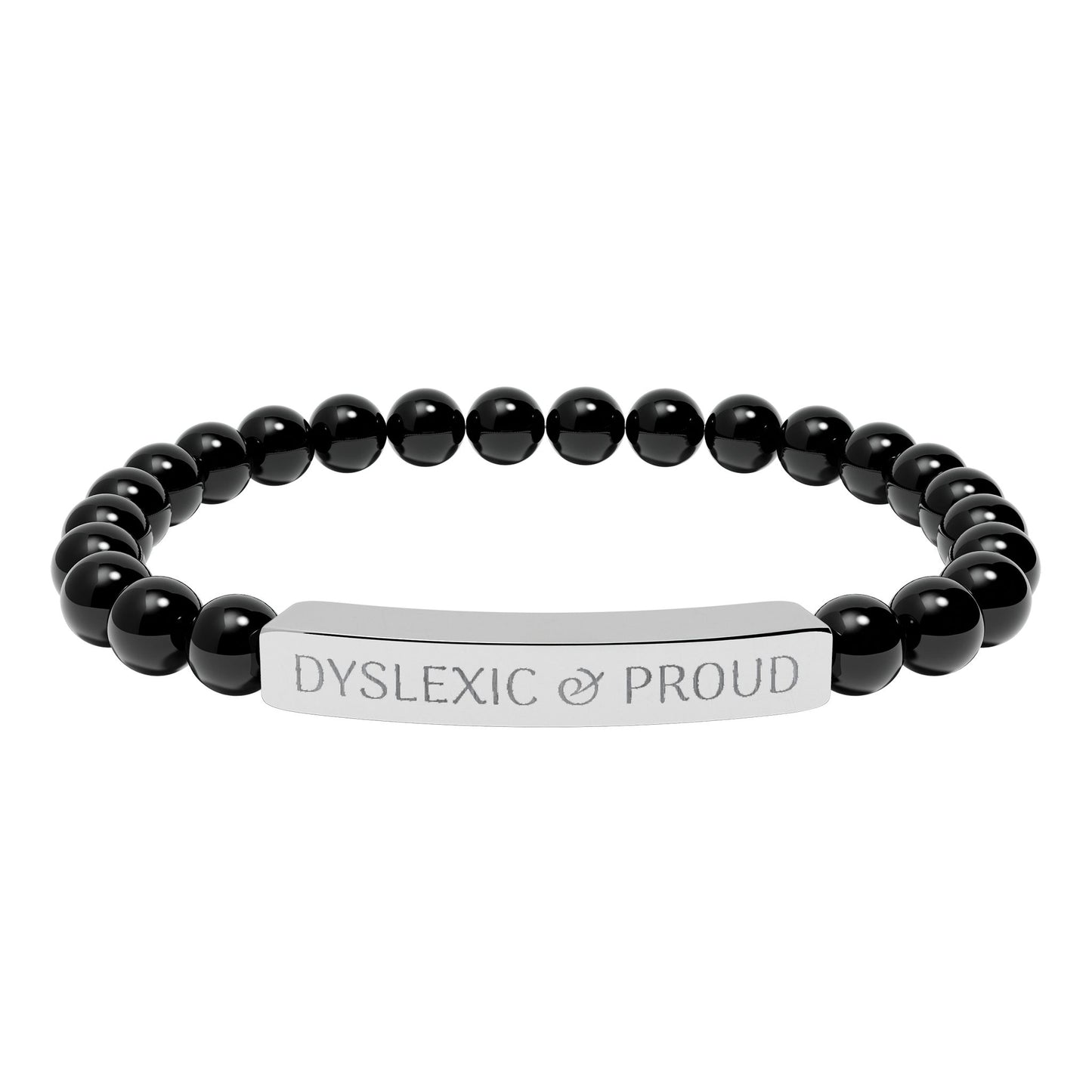 Dyslexic & Proud Natural Stone Stretch Bar Bracelet | Engraved Beaded Bracelet