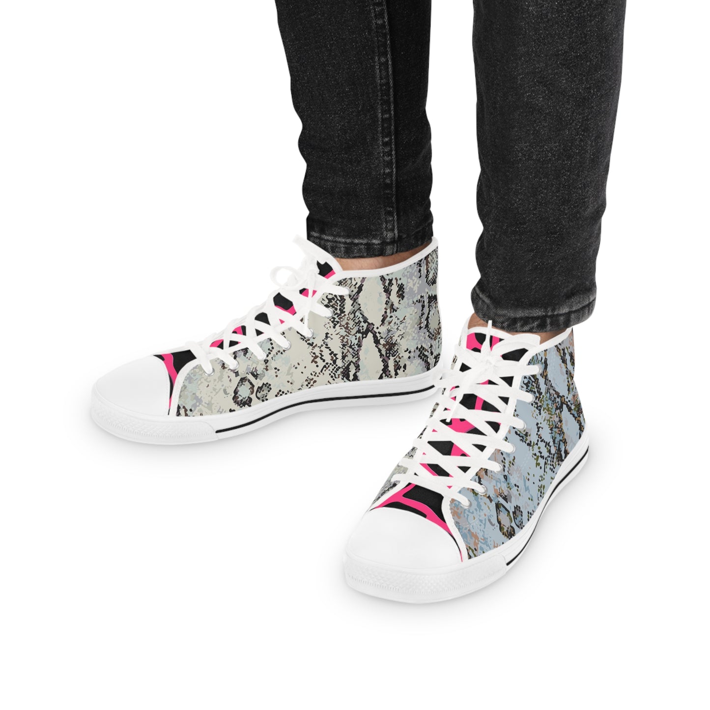 Men's Snake Print High Top Sneakers — Men's Fashion Sneakers with Blue & Pink Accents