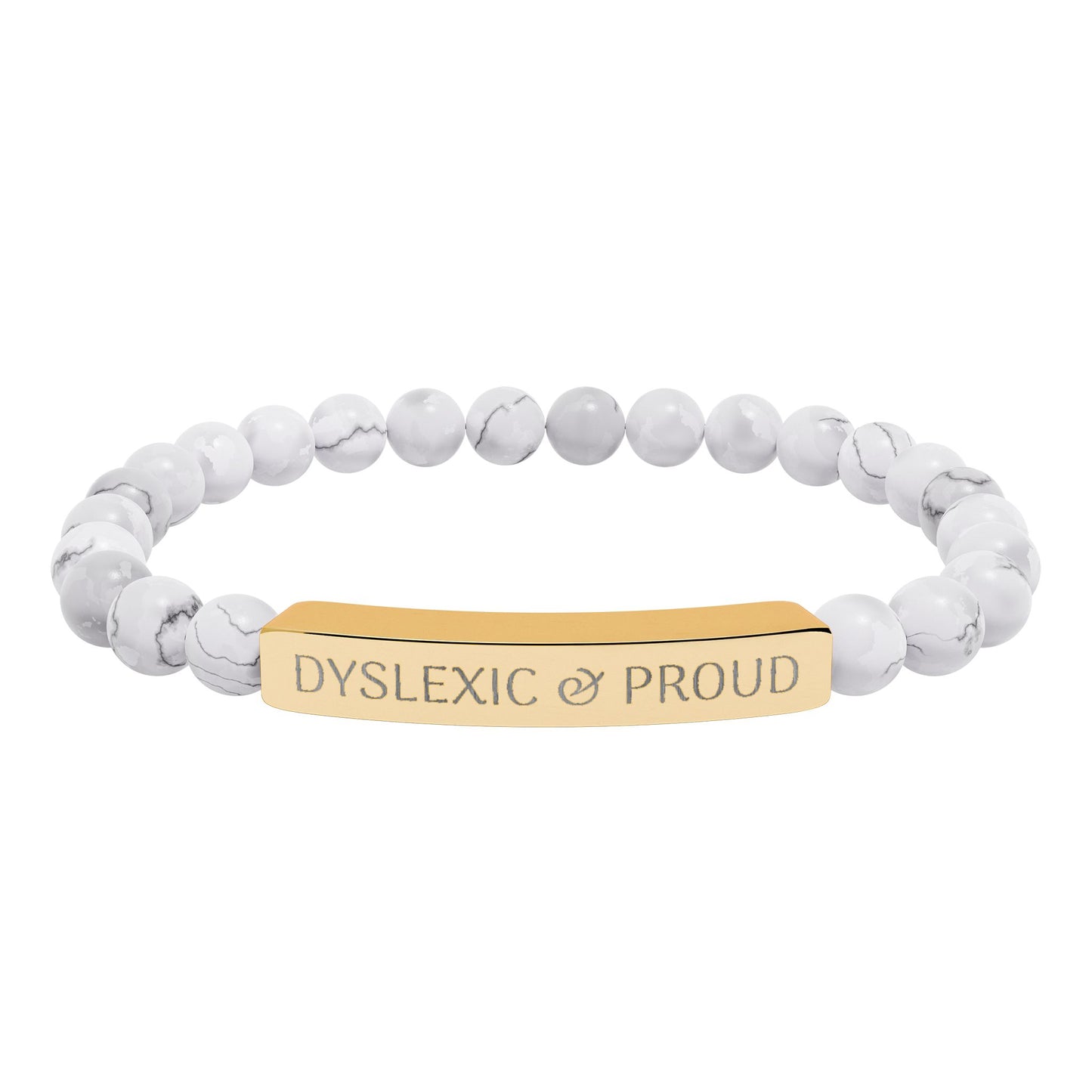 Dyslexic & Proud Natural Stone Stretch Bar Bracelet | Engraved Beaded Bracelet