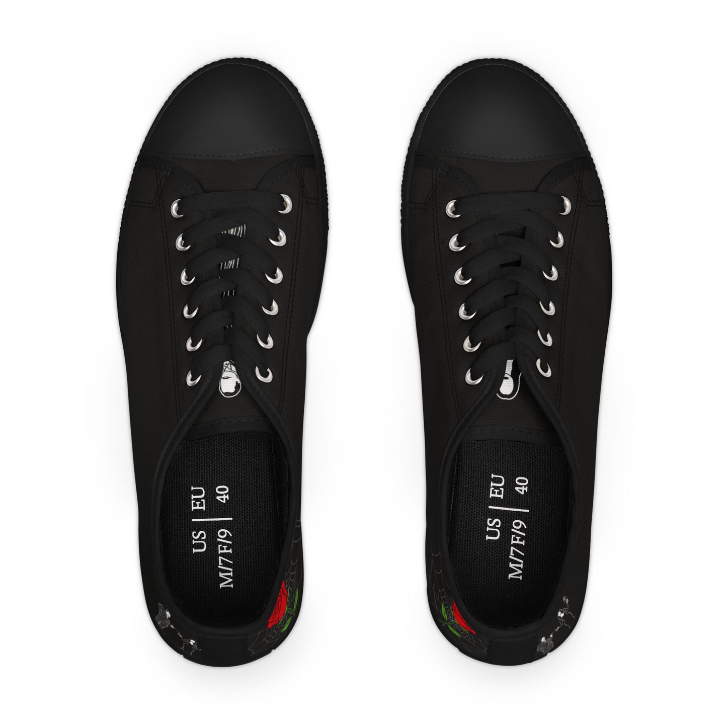 Morticia & Gomez, True Love Black Women's Low Top Sneakers — Casual Canvas Tennis Shoes