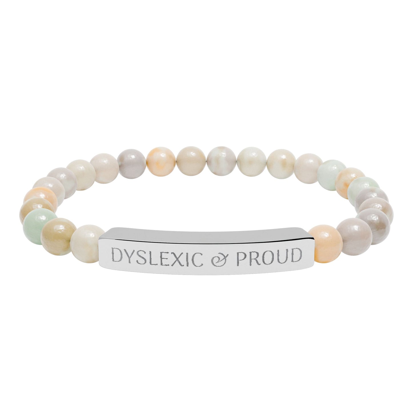 Dyslexic & Proud Natural Stone Stretch Bar Bracelet | Engraved Beaded Bracelet