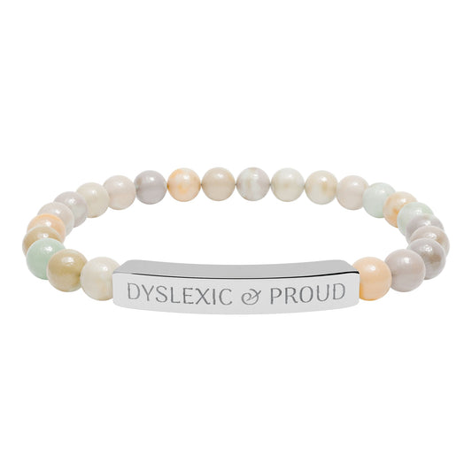 Dyslexic & Proud Natural Stone Stretch Bar Bracelet | Engraved Beaded Bracelet