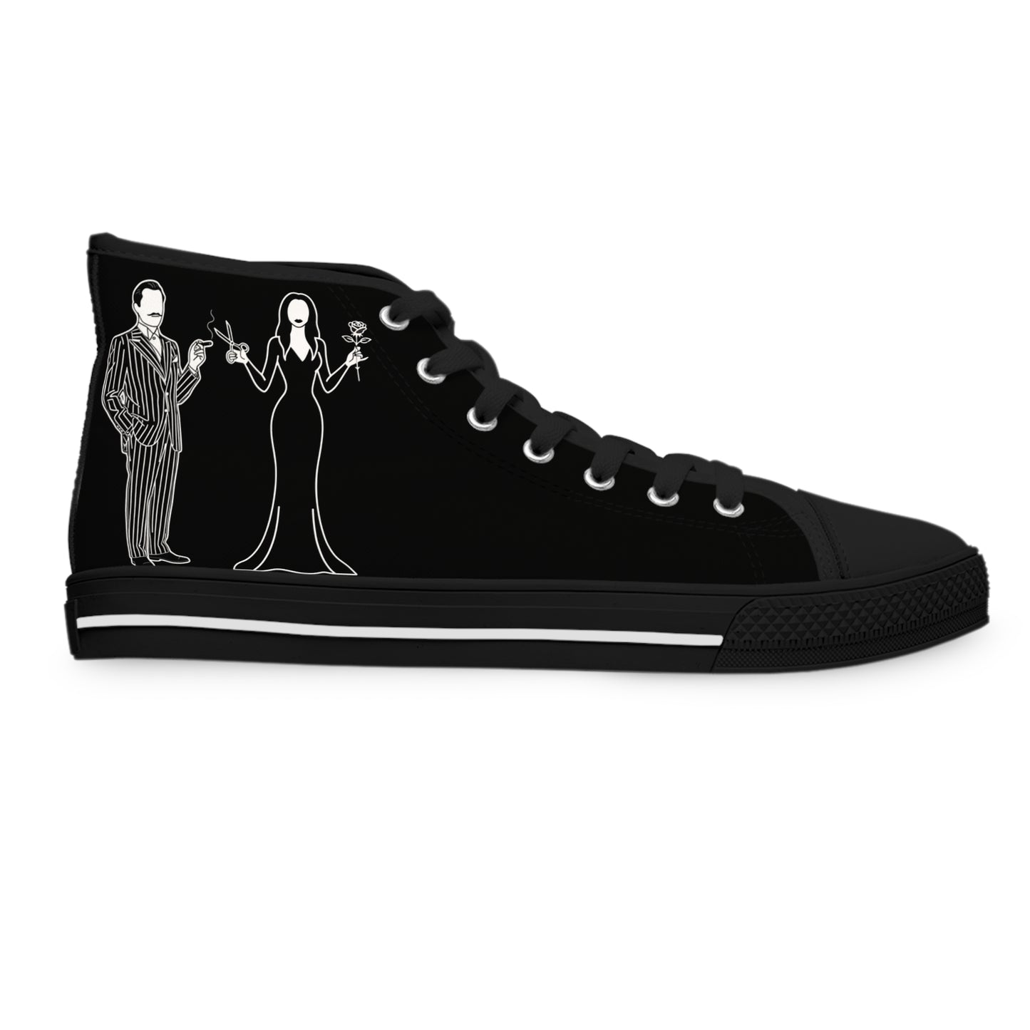 Morticia & Gomez True Love Rose High Top Sneakers — Women's Black Skull & Rose Canvas Shoes
