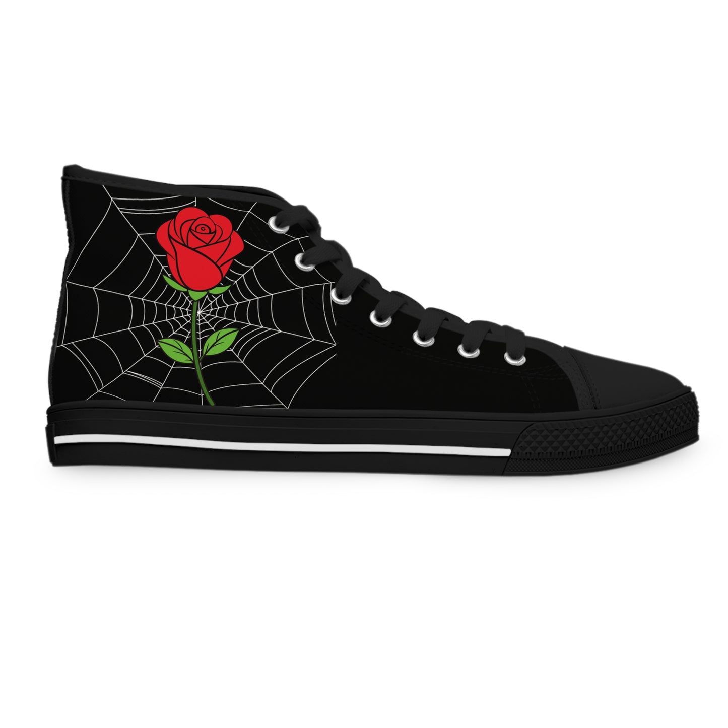 Morticia & Gomez True Love Rose High Top Sneakers — Women's Black Skull & Rose Canvas Shoes