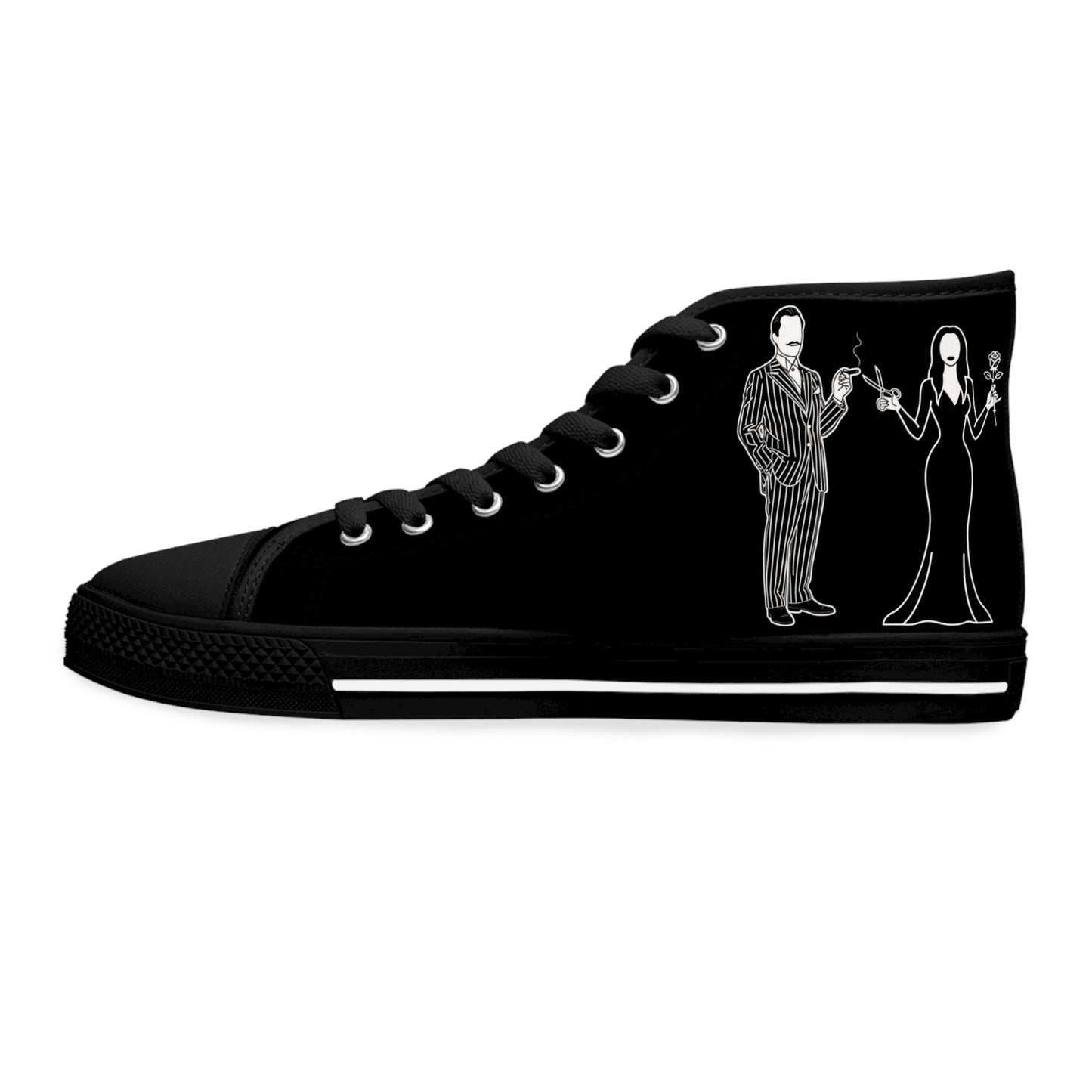Morticia & Gomez True Love Rose High Top Sneakers — Women's Black Skull & Rose Canvas Shoes