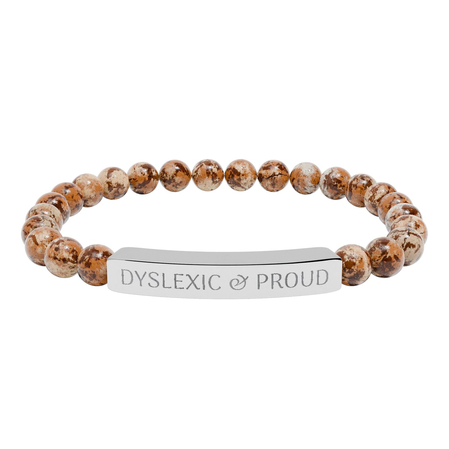 Dyslexic & Proud Natural Stone Stretch Bar Bracelet | Engraved Beaded Bracelet