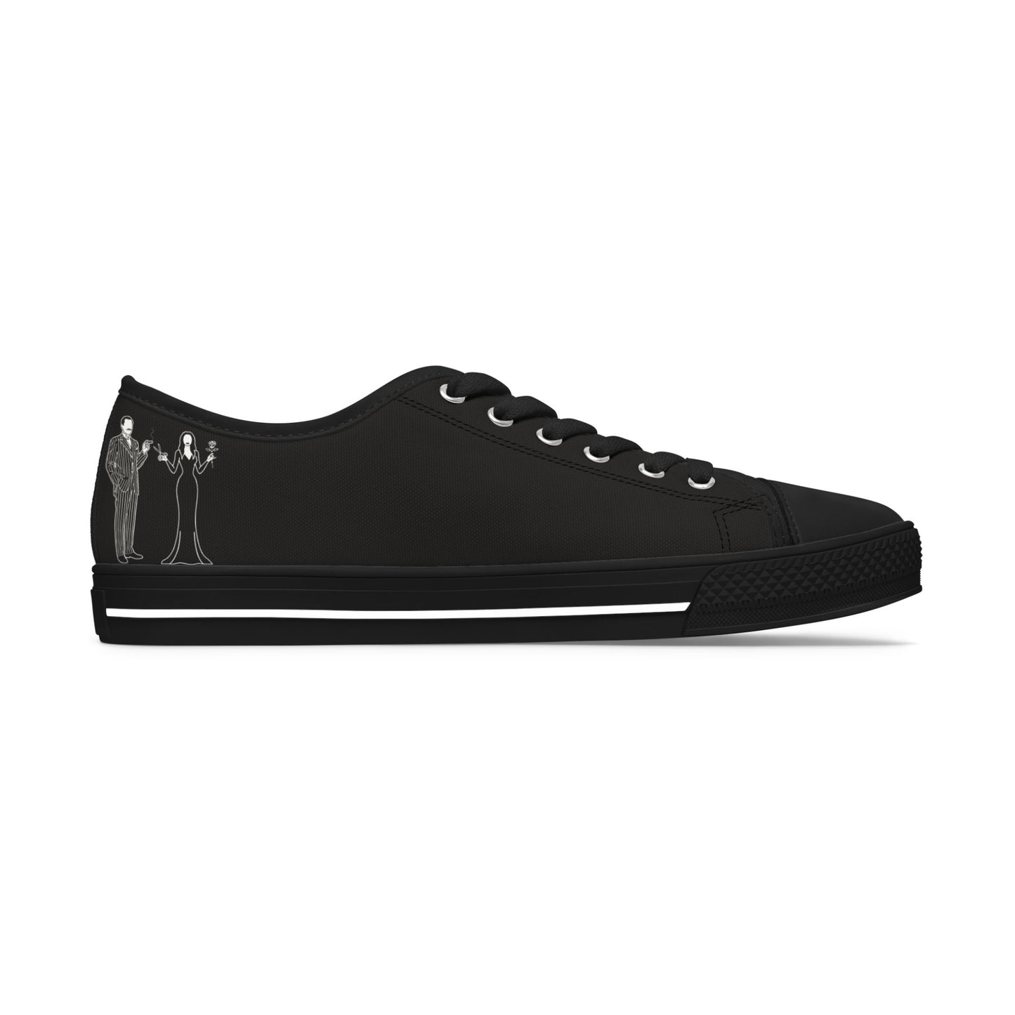 Morticia & Gomez, True Love Black Women's Low Top Sneakers — Casual Canvas Tennis Shoes
