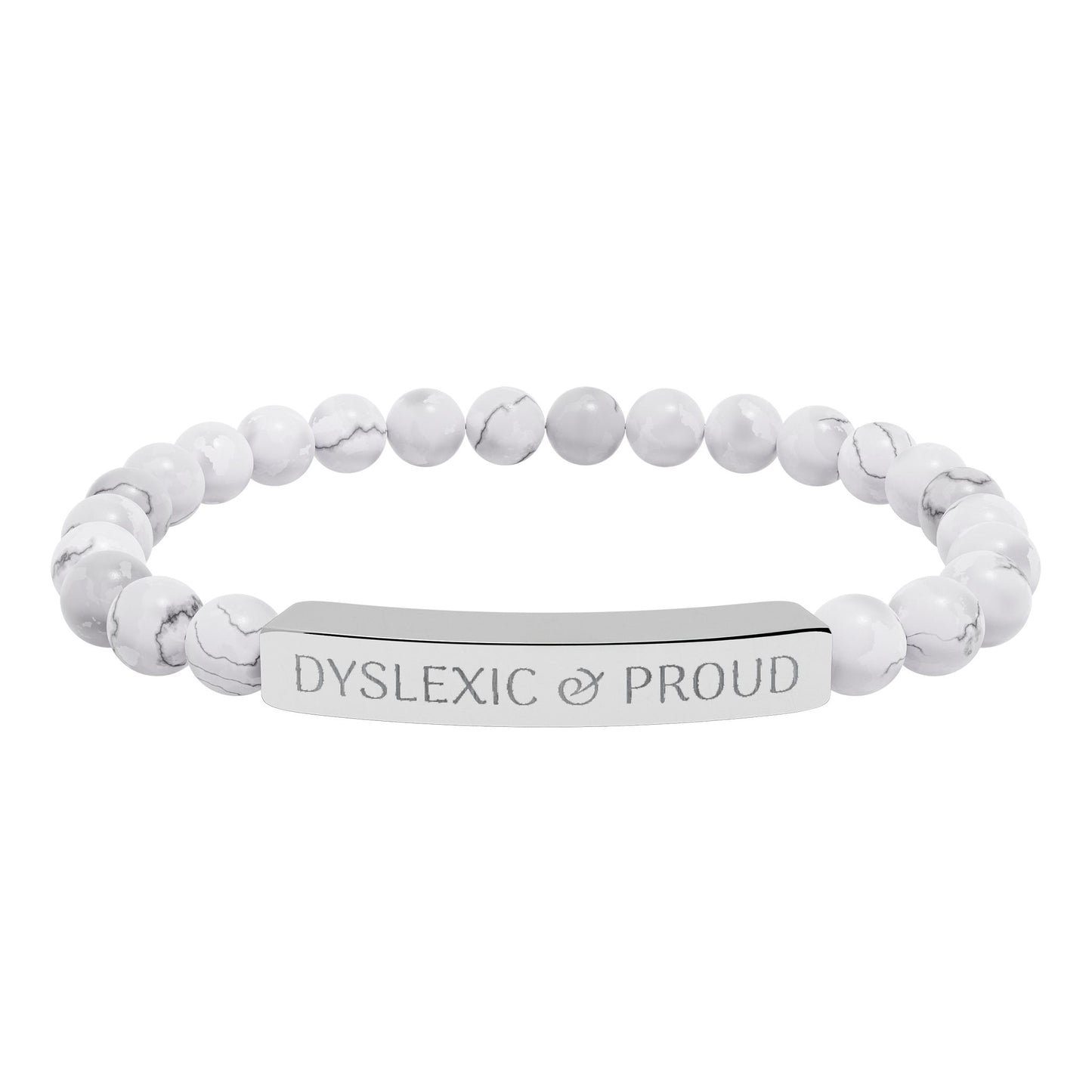 Dyslexic & Proud Natural Stone Stretch Bar Bracelet | Engraved Beaded Bracelet