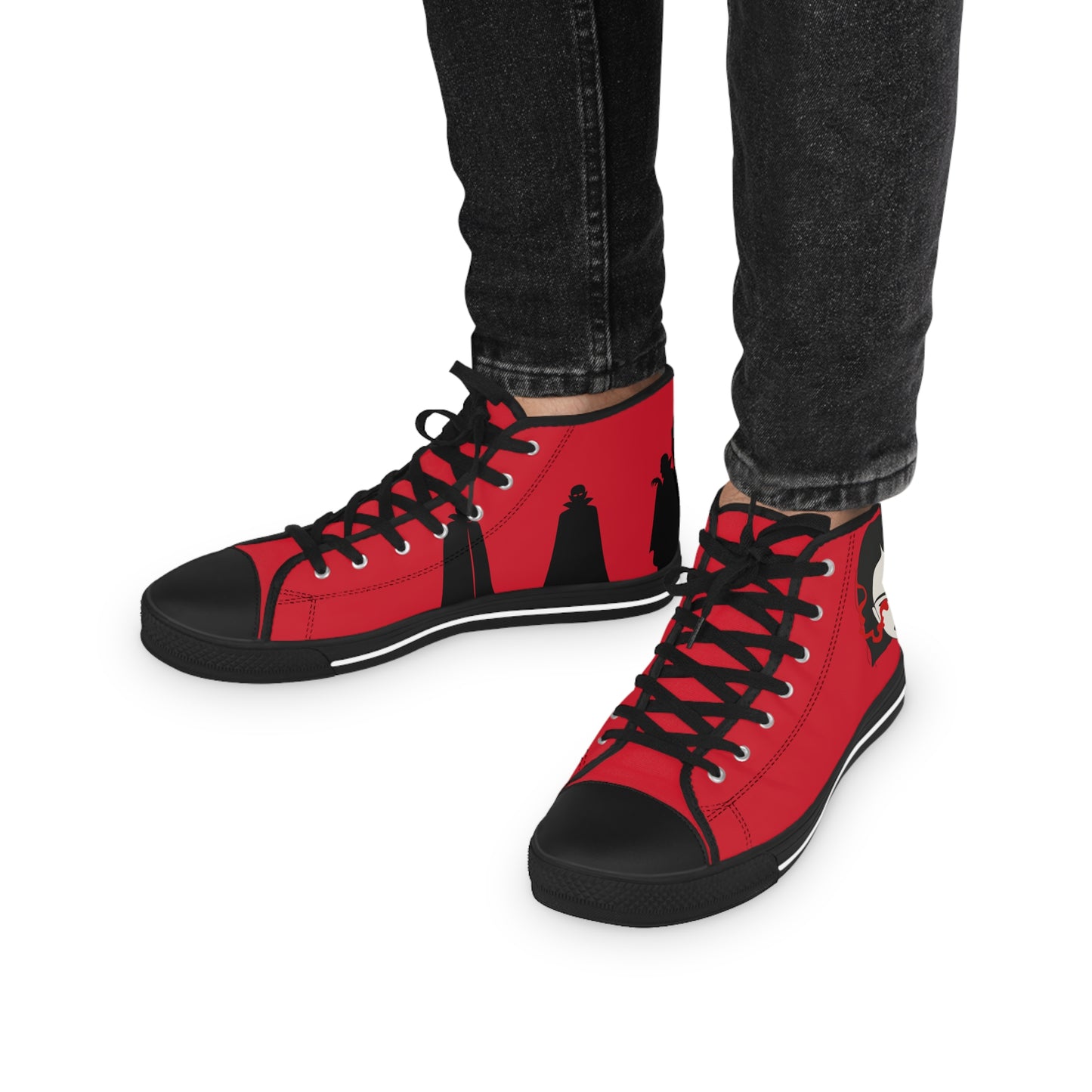Men's Devil Dandy High Top Sneakers — Red & Black Skate-Style Men's Sneakers with Graphic Side Art