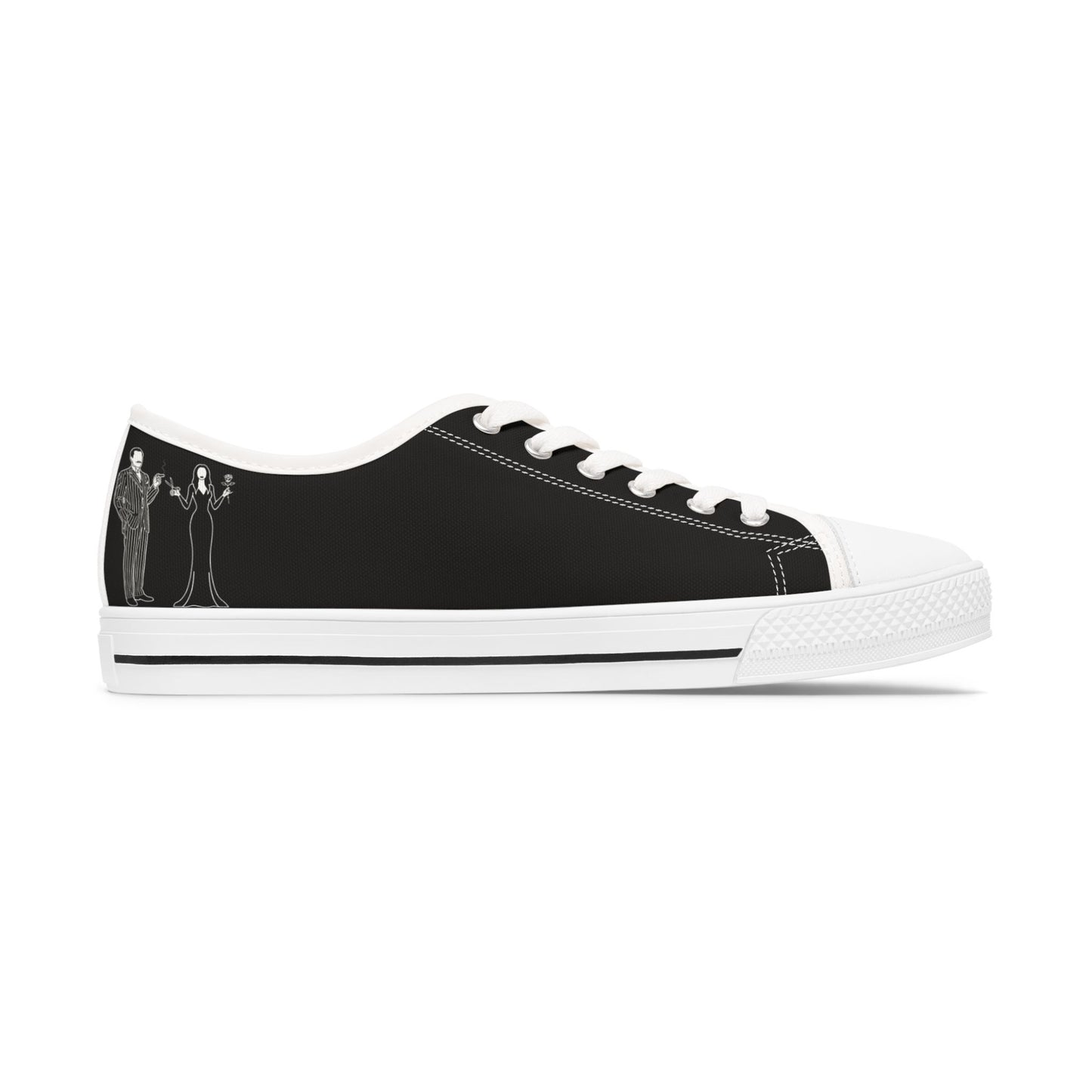 Morticia & Gomez, True Love Black Women's Low Top Sneakers — Casual Canvas Tennis Shoes