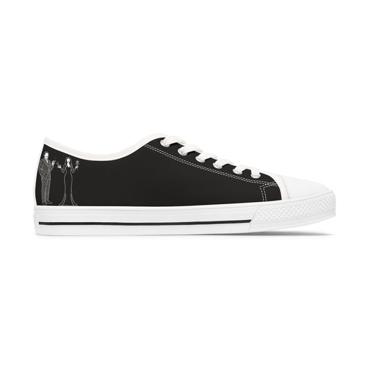 Morticia & Gomez, True Love Black Women's Low Top Sneakers — Casual Canvas Tennis Shoes