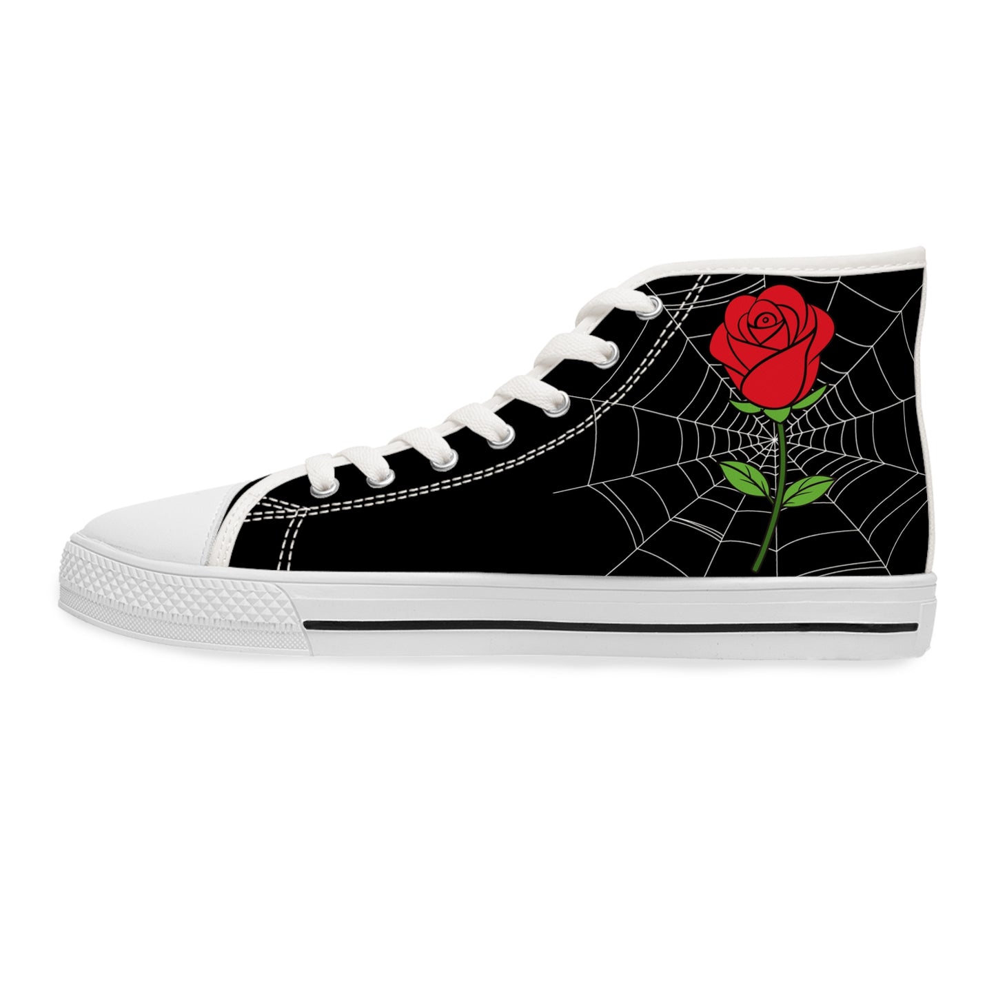 Morticia & Gomez True Love Rose High Top Sneakers — Women's Black Skull & Rose Canvas Shoes