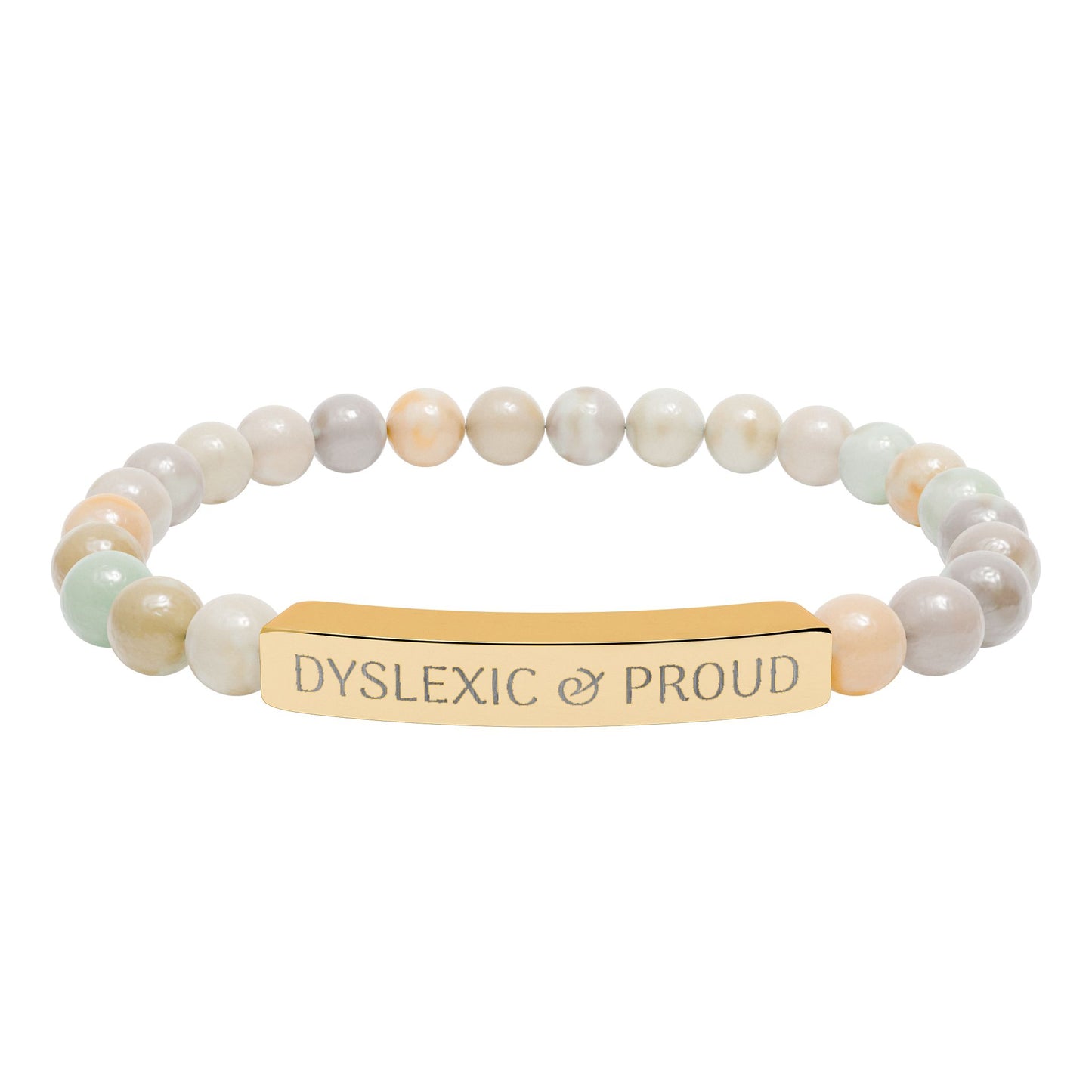 Dyslexic & Proud Natural Stone Stretch Bar Bracelet | Engraved Beaded Bracelet