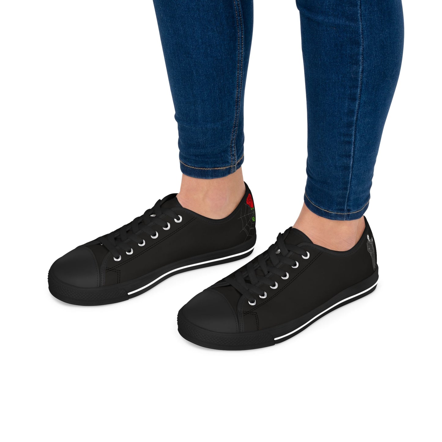 Morticia & Gomez, True Love Black Women's Low Top Sneakers — Casual Canvas Tennis Shoes